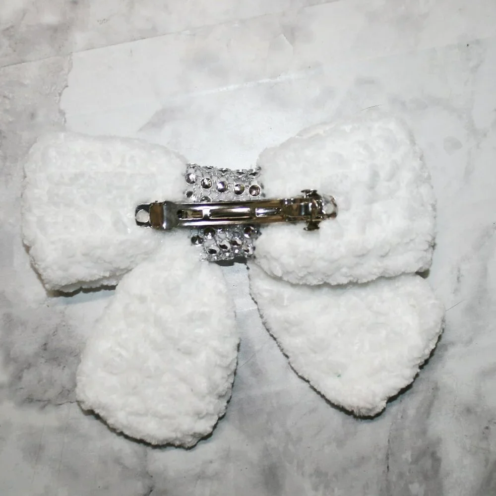 HAND CRAFTED Hair Bow Kids Crochet Chenille Velvet Hair Barrette Oversized White